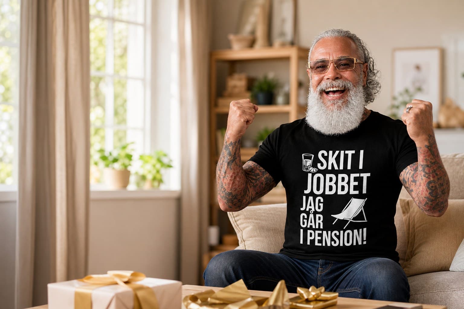 Man i t-shirt med texten ”Skit i jobbet, jag går i pension”